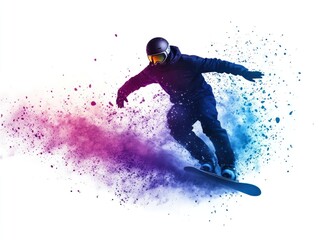 A dynamic long shot of a minimalist abstract composition featuring a snowboarder soaring through geometric shapes