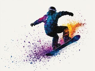 Naklejka premium Silhouette of a snowboarder with colorful spray