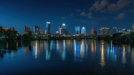 Fototapeta premium Nighttime View of Austin Skyline Reflected in the Water