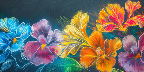 Vibrant Digital Art of Colorful Flowers with Neon Glow