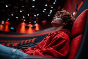 A young boy sleeping in an empty cinema. An atmosphere of peace and tranquility