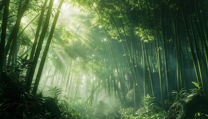 Bamboo forest in the morning with sunbeams and lens flare