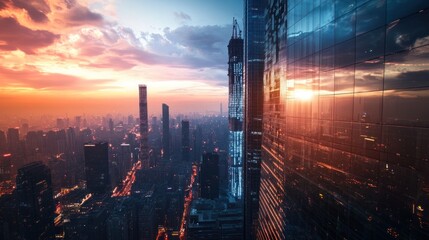 Fototapeta premium Sunset Cityscape Reflected in Glass Tower