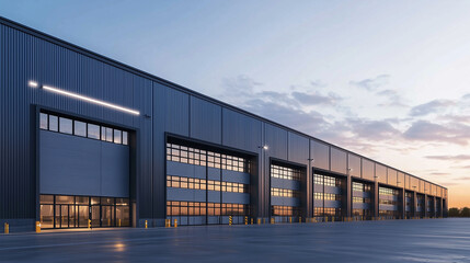 Obraz premium Modern 3D rendering of a warehouse exterior with sleek gray metal cladding and large garage doors at sunset, showcasing an industrial building ideal for storage, commercial cargo services, or business