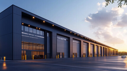 Modern 3D rendering of a warehouse exterior with sleek gray metal cladding and large garage doors at sunset, showcasing an industrial building ideal for storage, commercial cargo services, or business
