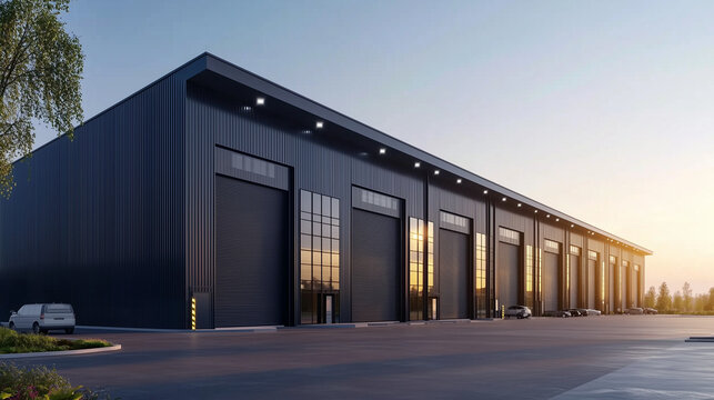 Modern 3D rendering of a warehouse exterior with sleek gray metal cladding and large garage doors at sunset, showcasing an industrial building ideal for storage, commercial cargo services, or business