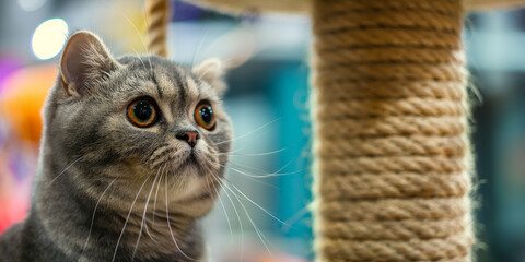 Adorable Gray Cat with Wide Eyes Sitting Next to a Scratching Post