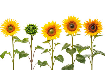 Set of a sunflowers ranging from dwarf to giant varieties, isolated on transparent background.