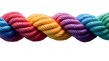Team work  and partnership strenght team concept, isolated colourful rope, transparent 