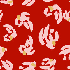 Red seamless pattern with abstract pink flowers. Vector square background, illustration, print, design. Japanese style