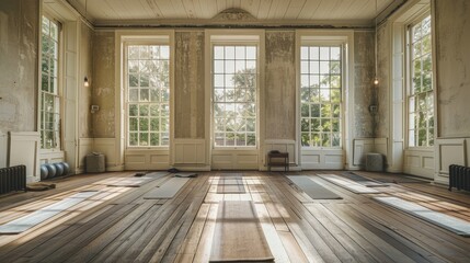 Picture a yoga class in a historic building with high ceilings and large windows.