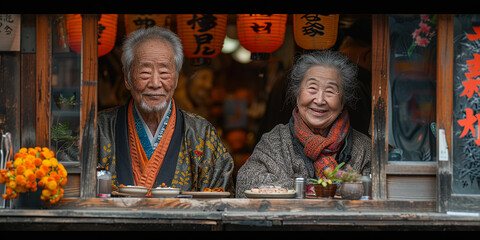 Portrait of an elderly couple eating sushi