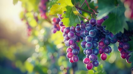 Fototapeta premium Grapes hanging on the vine in an orchard with green leaves, with a blurred background of rows of grapevines.