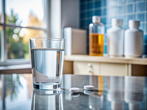 Close-up of a water pill bottle and glass of water on a bathroom counter, symbolizing medication for high blood pressure and kidney stone treatment.
