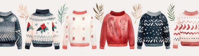 Obraz premium Christmas activities, hosting an ugly sweater party, fun and laughter, Watercolor style