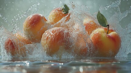 Dynamic Splash of Fresh Peaches in a Bright Clean Background. Water Spraying, Liquid Explosion Effect Highlighting the Vibrant Color and Realistic Detail of Juicy Fruit. Front View with Surreal Style.