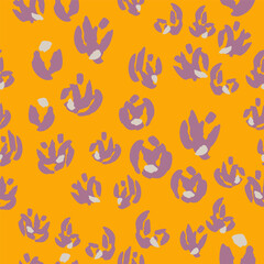 Orange seamless pattern with abstract purple flowers. Vector square background, illustration, print, design. Japanese style