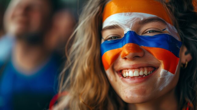 Vibrant Portrait of a Joyful Female Dutch Supporter with a Dutch Flag Painted on Her Face, Celebrating