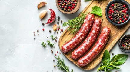Raw sausages on the wooden board