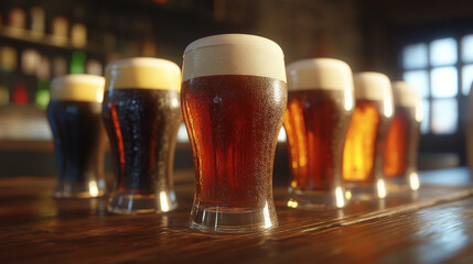 Beer glasses are arranged in a row