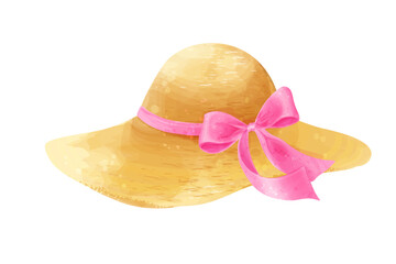 Straw hat with pink bow  for summer holiday, isolated on white. Vector watercolor illustration
