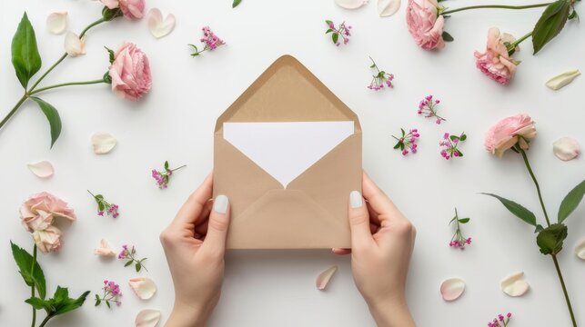 Womans hands holding kraft envelope with blank wedding invitation card Creative mock up layout on white background top view flat lay overhead Minimalistic womans desk flowers greeting