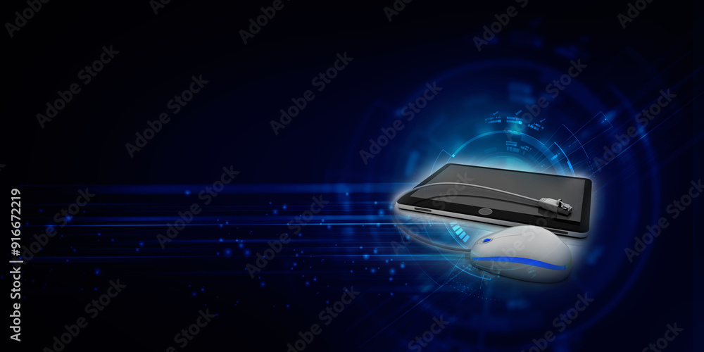 Poster 3d rendering mobile phone connected mouse