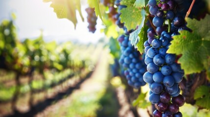 Fototapeta premium Grapes hanging on the vine in an orchard with green leaves, with a blurred background of rows of grapevines.