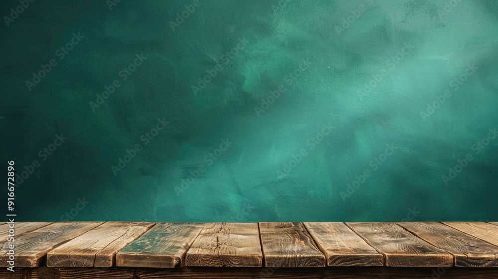 Poster green background with empty wooden table for product display