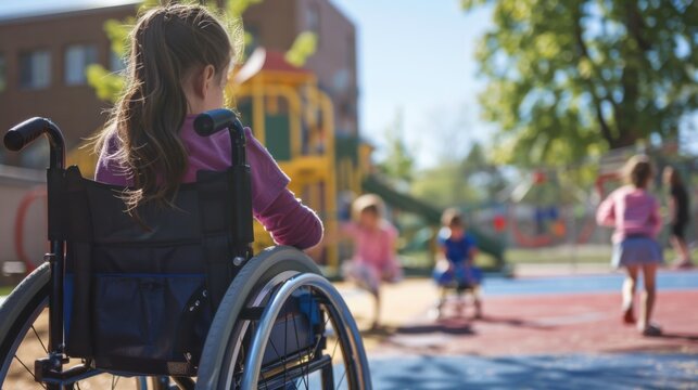 Young girl in a wheelchair looking longingly at children playing in the schoolyard