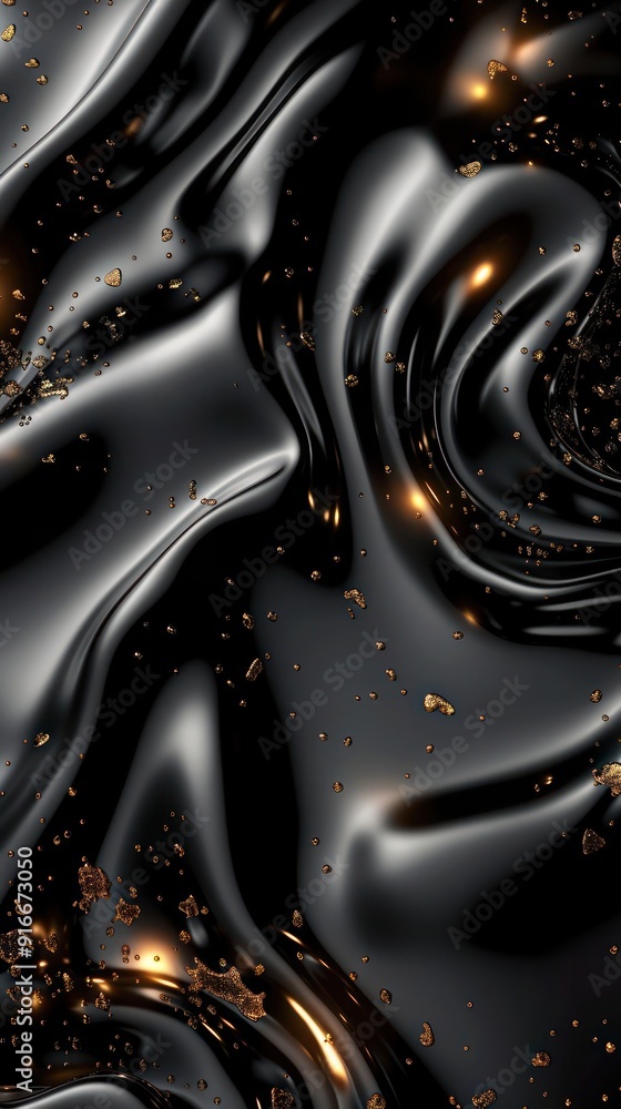 Poster surreal abstract background with metallic black and charcoal grey blobs, accented by luminous gold