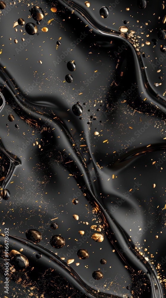 Poster surreal abstract background with metallic black and charcoal grey blobs, accented by luminous gold
