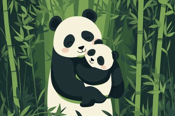 A heartwarming illustration of a panda mother hugging her baby in a lush bamboo forest setting.
