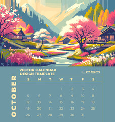 Calendar template featuring stunning Editable vector landscapes that beautifully capture the essence of each season.Perfect for digital or offset printing with true-to-life colors. 
