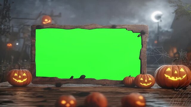 Spooky Halloween Scene with Jack-O'-Lanterns pumpkin and Wooden green screen, Halloween pumpkin decoration in the night, video frame green screen, animation background