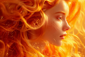 Enchanting Portrait Featuring a Woman with Flowing Orange Hair Illuminated Under a Radiant Glow of Light