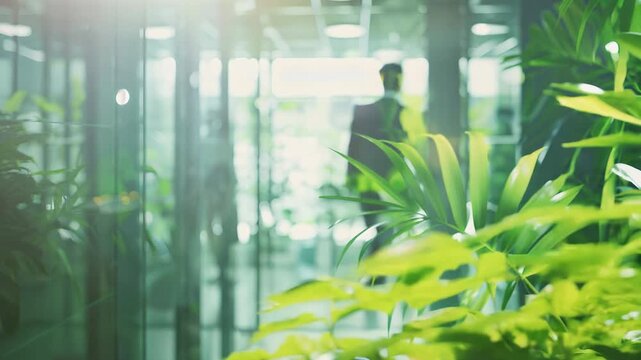 People walking on green office space, motion blur effect, environment concept	
