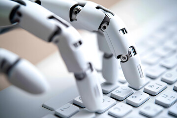 Robot hand typing keyboard. Concept of future technology, machine learning or automation