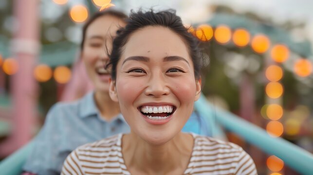 Couple laughing while riding a roller coaster, Fun amusement laughter, exciting experience