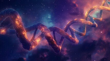 Naklejka premium A surreal spiral of human DNA merging with the cosmic landscape