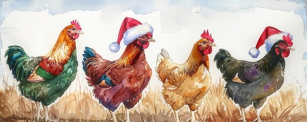 Festive watercolor illustration of colorful chickens wearing Santa hats in a field during winter.