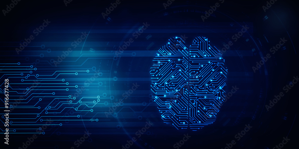 Poster 2d illustration concept of thinking, background with brain, abstract artificial intelligence. techno