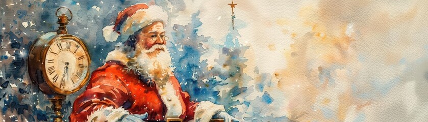 Festive watercolor painting of Santa Claus with a vintage clock, surrounded by a seasonal winter wonderland scene.