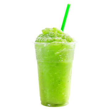 Green slushie in a clear cup with a lime slice, perfect for a refreshing summer drink isolated on white background with clipping path
