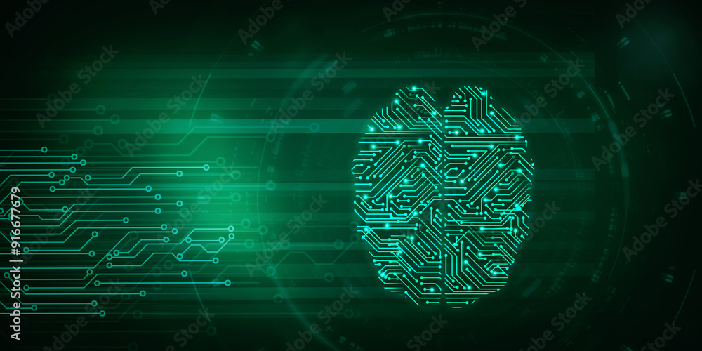 Poster 2d illustration concept of thinking, background with brain, abstract artificial intelligence. techno