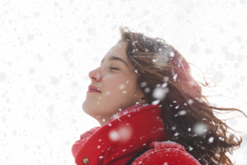 beautiful brunette woman in winter jacket coat enjoying snowfall isolated on white or transparent png