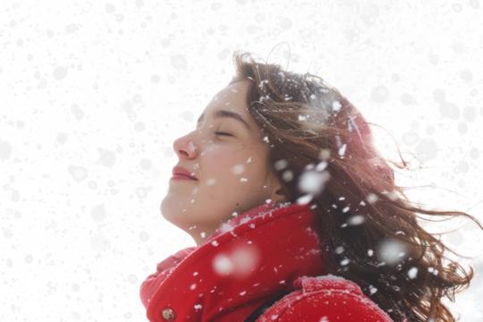 beautiful brunette woman in winter jacket coat enjoying snowfall isolated on white or transparent png