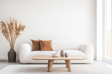 Minimalist living room interiors design composition with a table, a sofa and minimal decor next to a large window. Property interiors in warm tones with copyspace.