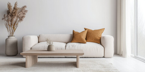 Minimalist living room interiors design composition with a table, a sofa and minimal decor next to a large window. Property interiors in warm tones with copyspace.