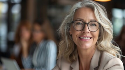 A woman with glasses is smiling and looking at the camera